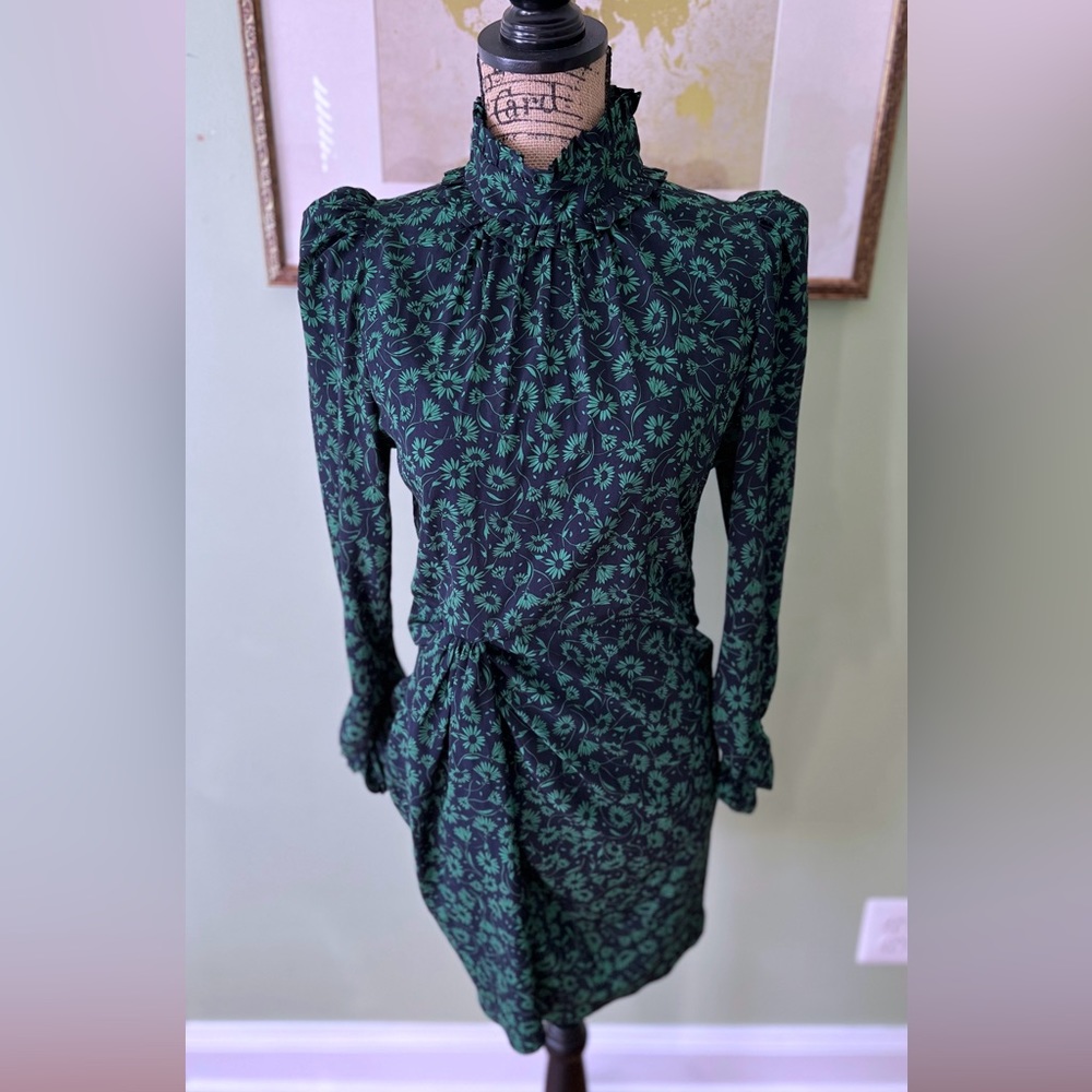 Zara Navy and Green Floral Draped Dress | Size Medium